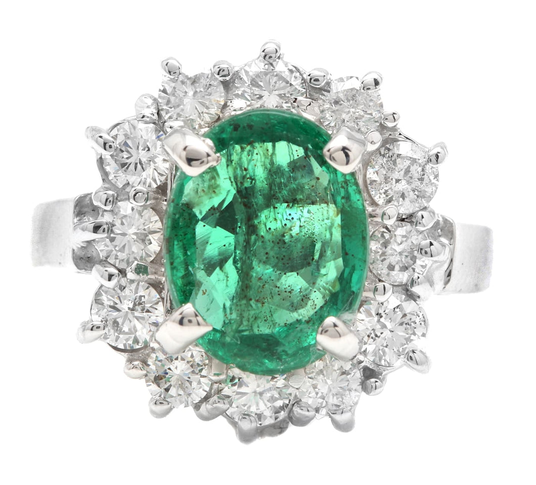 4.30 Carats Natural Emerald and Diamond 14K Solid White Gold Ring