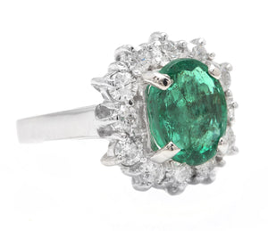 4.30 Carats Natural Emerald and Diamond 14K Solid White Gold Ring