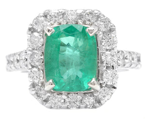 5.50 Carats Natural Emerald and Diamond 14K Solid White Gold Ring