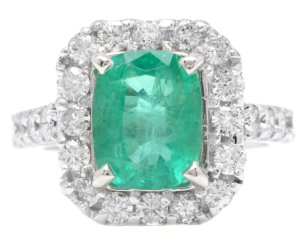 5.50 Carats Natural Emerald and Diamond 14K Solid White Gold Ring