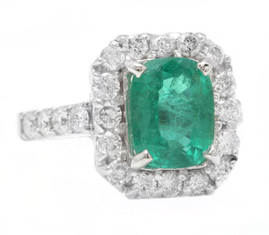 5.50 Carats Natural Emerald and Diamond 14K Solid White Gold Ring