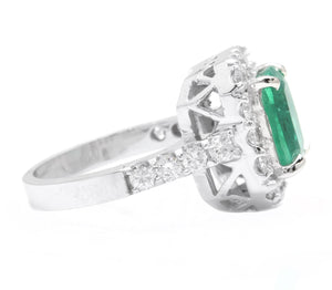 5.50 Carats Natural Emerald and Diamond 14K Solid White Gold Ring