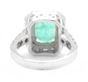5.50 Carats Natural Emerald and Diamond 14K Solid White Gold Ring