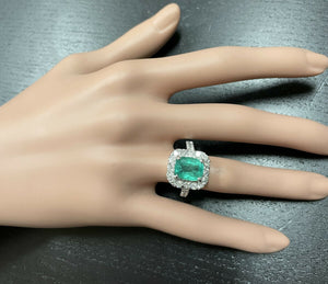 5.50 Carats Natural Emerald and Diamond 14K Solid White Gold Ring