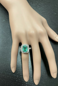 5.50 Carats Natural Emerald and Diamond 14K Solid White Gold Ring