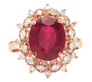 6.60 Carats Impressive Red Ruby and Diamond 14K Rose Gold Ring