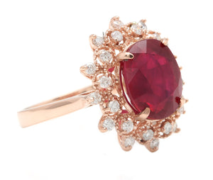 6.60 Carats Impressive Red Ruby and Diamond 14K Rose Gold Ring