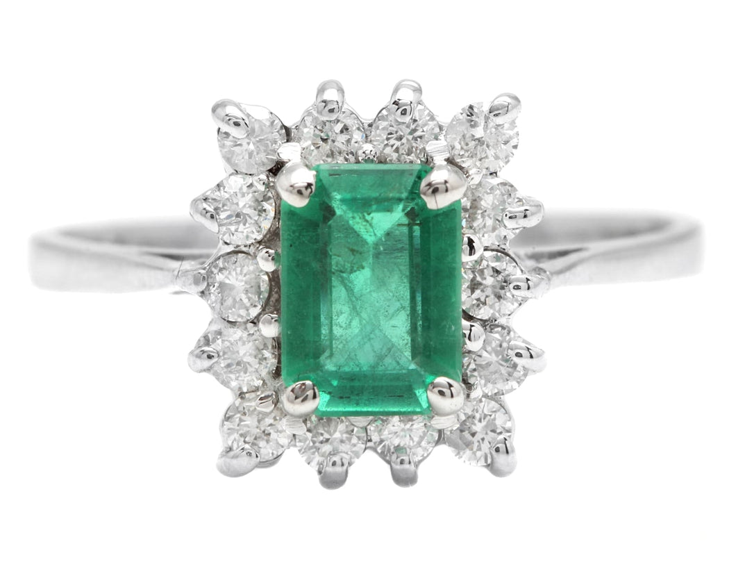 1.40 Carats Natural Emerald and Diamond 14K Solid White Gold Ring