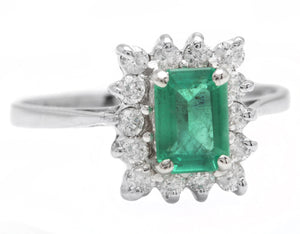 1.40 Carats Natural Emerald and Diamond 14K Solid White Gold Ring