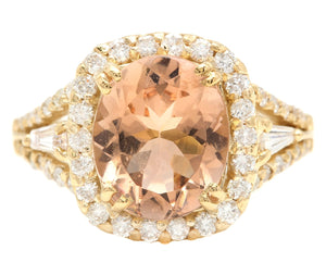 5.20 Carats Exquisite Natural Morganite and Diamond 14K Solid Yellow Gold Ring