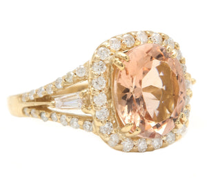 5.20 Carats Exquisite Natural Morganite and Diamond 14K Solid Yellow Gold Ring