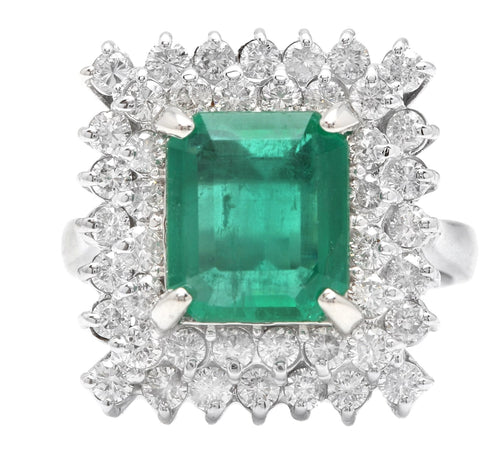 4.80 Carats Natural Emerald and Diamond 14K Solid White Gold Ring