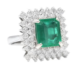 4.80 Carats Natural Emerald and Diamond 14K Solid White Gold Ring