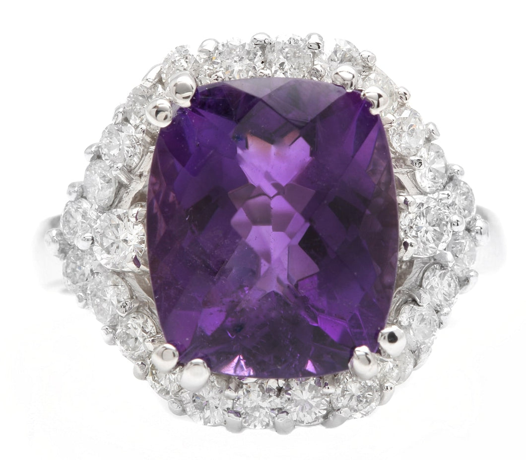 6.90 Carats Natural Amethyst and Diamond 14K Solid White Gold Ring
