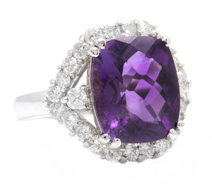 6.90 Carats Natural Amethyst and Diamond 14K Solid White Gold Ring