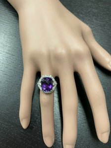 6.90 Carats Natural Amethyst and Diamond 14K Solid White Gold Ring
