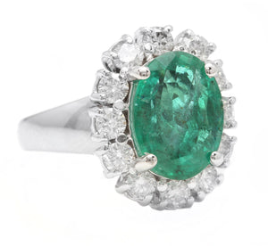 4.60 Carats Natural Emerald and Diamond 14K Solid White Gold Ring