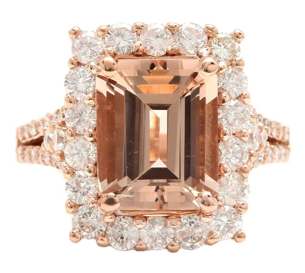 5.10 Carats Exquisite Natural Morganite and Diamond 14K Solid Rose Gold Ring