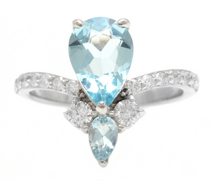 1.75 Carats Natural Aquamarine and Diamond 14K Solid White Gold Ring