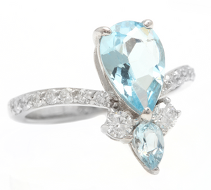 1.75 Carats Natural Aquamarine and Diamond 14K Solid White Gold Ring
