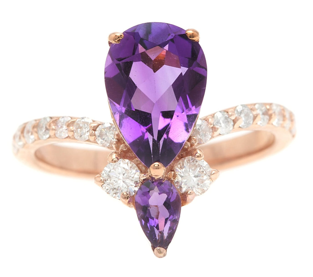 2.00 Carats Natural Impressive Amethyst and Diamond 14K Rose Gold Ring