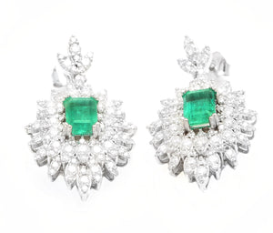 Superb 5.00 Carats Natural Emerald and Diamond 14K Solid White Gold Earrings