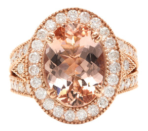 8.00 Carats Exquisite Natural Peach Morganite and Diamond 14K Solid Rose Gold Ring