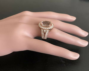 8.00 Carats Exquisite Natural Peach Morganite and Diamond 14K Solid Rose Gold Ring
