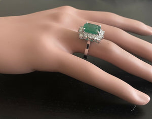 7.05 Carats Natural Emerald and Diamond 14K Solid White Gold Ring