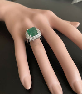 7.05 Carats Natural Emerald and Diamond 14K Solid White Gold Ring