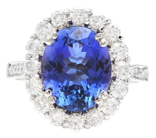 4.90 Carats Natural Very Nice Looking Tanzanite and Diamond 18K Solid White Gold Ring