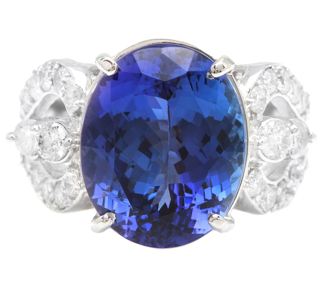 9.50 Carats Natural Very Nice Looking Tanzanite and Diamond 14K Solid White Gold Ring