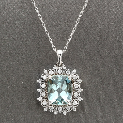 3.40Ct Natural Aquamarine and Diamond 14K Solid White Gold Necklace