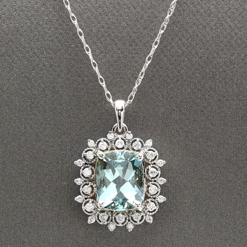 3.40Ct Natural Aquamarine and Diamond 14K Solid White Gold Necklace
