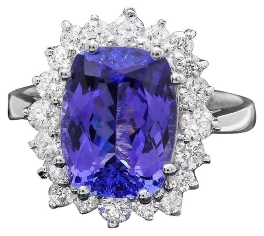 5.60 Carats Natural Tanzanite and Diamond 14K Solid White Gold Ring
