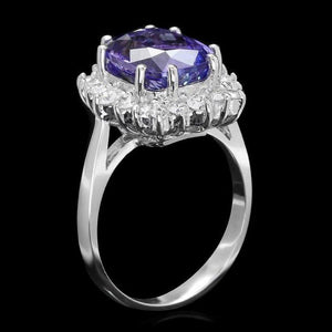 5.60 Carats Natural Tanzanite and Diamond 14K Solid White Gold Ring