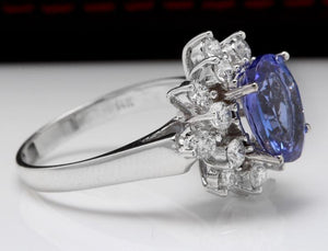 4.07 Carats Natural Very Nice Looking Tanzanite and Diamond 14K Solid White Gold Ring
