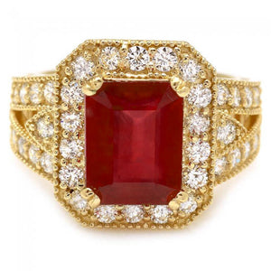 7.40 Carats Impressive Natural Red Ruby and Diamond 14K Yellow Gold Ring