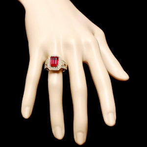 7.40 Carats Impressive Natural Red Ruby and Diamond 14K Yellow Gold Ring