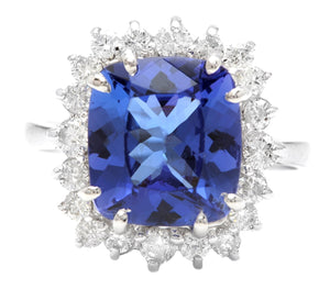 5.30 Carats Natural Very Nice Looking Tanzanite and Diamond 14K Solid White Gold Ring