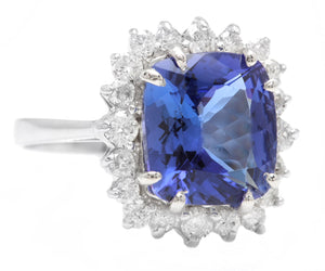5.30 Carats Natural Very Nice Looking Tanzanite and Diamond 14K Solid White Gold Ring