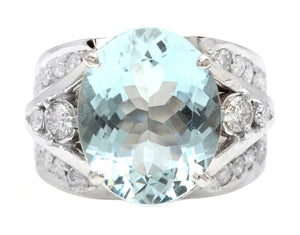 9.30 Carats Exquisite Natural Aquamarine and Diamond 14K Solid White Gold Ring