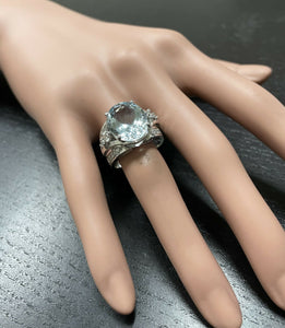 9.30 Carats Exquisite Natural Aquamarine and Diamond 14K Solid White Gold Ring