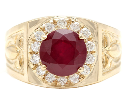 5.00 Carats Red Ruby and Diamond 14K Solid Yellow Gold Men's Ring