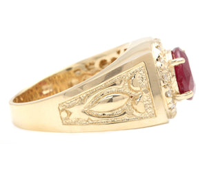 5.00 Carats Red Ruby and Diamond 14K Solid Yellow Gold Men's Ring