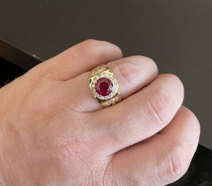 5.00 Carats Red Ruby and Diamond 14K Solid Yellow Gold Men's Ring