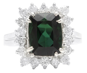 5.70 Carats Natural Very Nice Looking Green Tourmaline and Diamond 14K Solid White Gold Ring