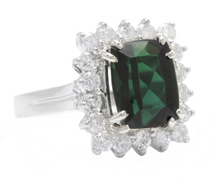 5.70 Carats Natural Very Nice Looking Green Tourmaline and Diamond 14K Solid White Gold Ring