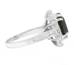 5.70 Carats Natural Very Nice Looking Green Tourmaline and Diamond 14K Solid White Gold Ring