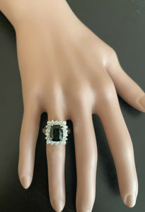 5.70 Carats Natural Very Nice Looking Green Tourmaline and Diamond 14K Solid White Gold Ring
